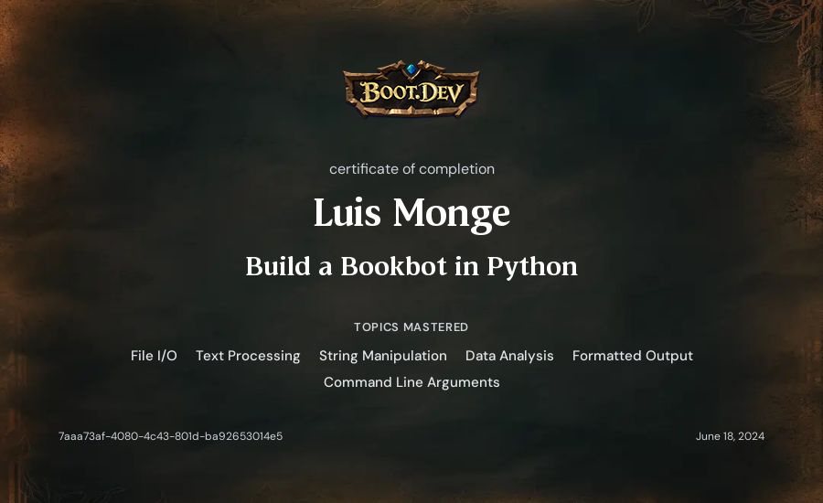 Luis Monge's Boot.dev Build a BookBot in Python certificate