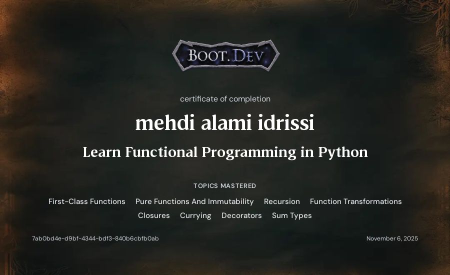 mehdi alami idrissi's Boot.dev Learn Functional Programming in Python certificate