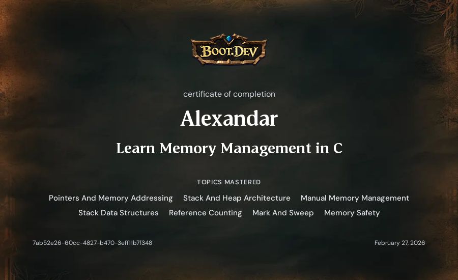 Alexandar's Boot.dev Learn Memory Management in C certificate