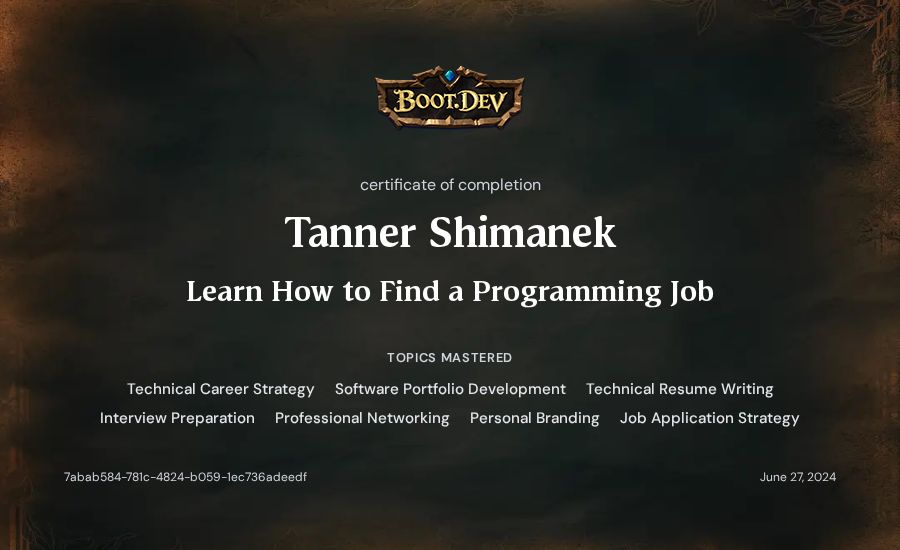 Tanner Shimanek's Boot.dev Learn How to Find a Programming Job certificate