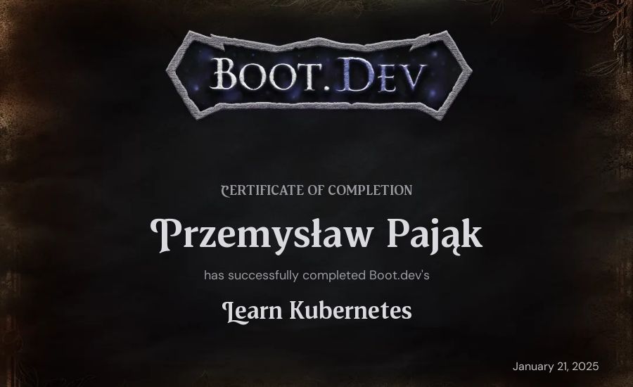 Przemysław Pająk's Boot.dev Learn Kubernetes certificate