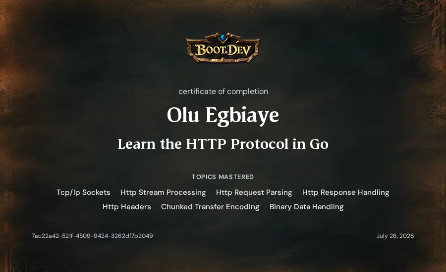 Olu Egbiaye's Boot.dev Learn the HTTP Protocol in Go certificate