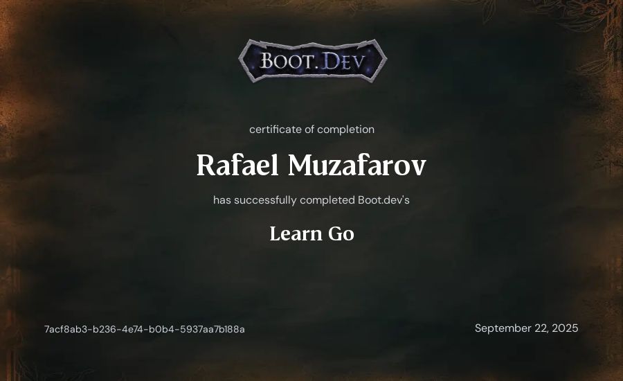 Rafael Muzafarov's Boot.dev Learn Go certificate