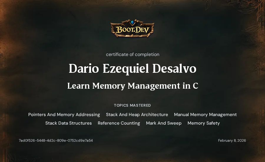 Dario Ezequiel Desalvo's Boot.dev Learn Memory Management in C certificate