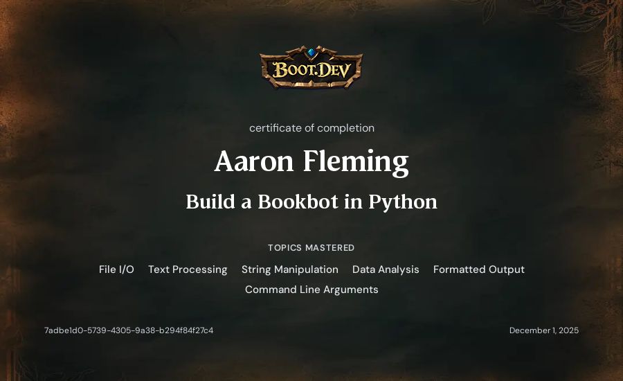 Aaron Fleming's Boot.dev Build a BookBot in Python certificate
