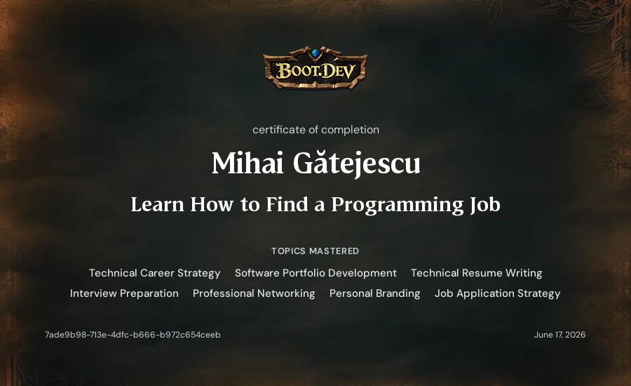 Mihai Gătejescu's Boot.dev Learn How to Find a Programming Job certificate