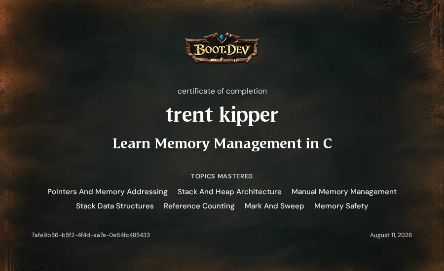 trent kipper's Boot.dev Learn Memory Management in C certificate