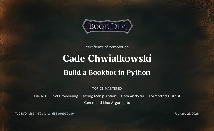 Cade Chwialkowski's Boot.dev Build a BookBot in Python certificate