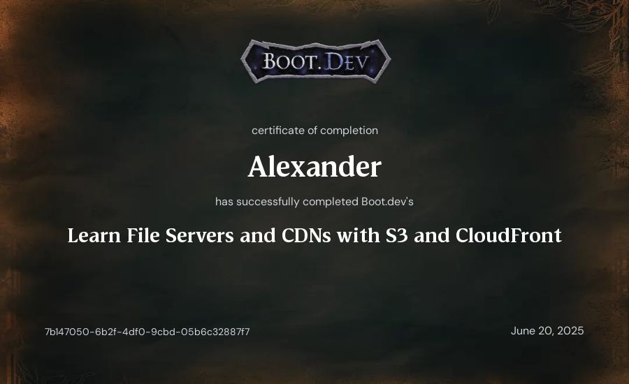 Alexander's Boot.dev Learn File Servers and CDNs with S3 and CloudFront certificate