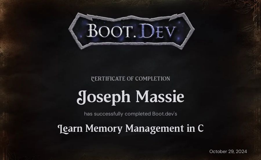 Joseph Massie's Boot.dev Learn Memory Management in C certificate