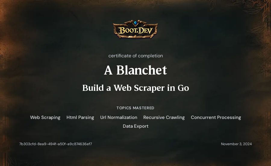 A Blanchet's Boot.dev Build a Web Scraper in Go certificate