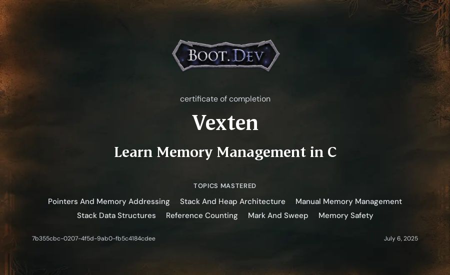 Vexten's Boot.dev Learn Memory Management in C certificate