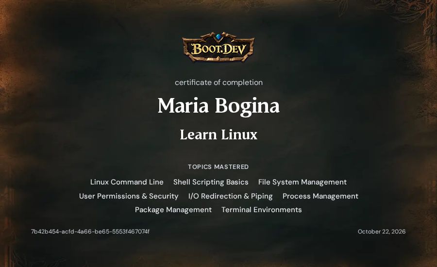 Maria Bogina's Boot.dev Learn Linux certificate