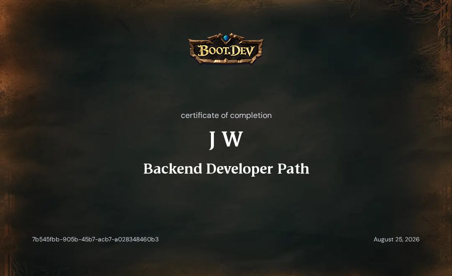 J W's Boot.dev Backend Developer Path certificate