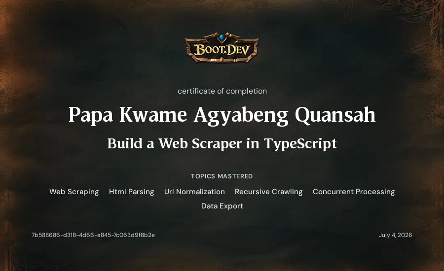 Papa Kwame Agyabeng Quansah's Boot.dev Build a Web Scraper in TypeScript certificate