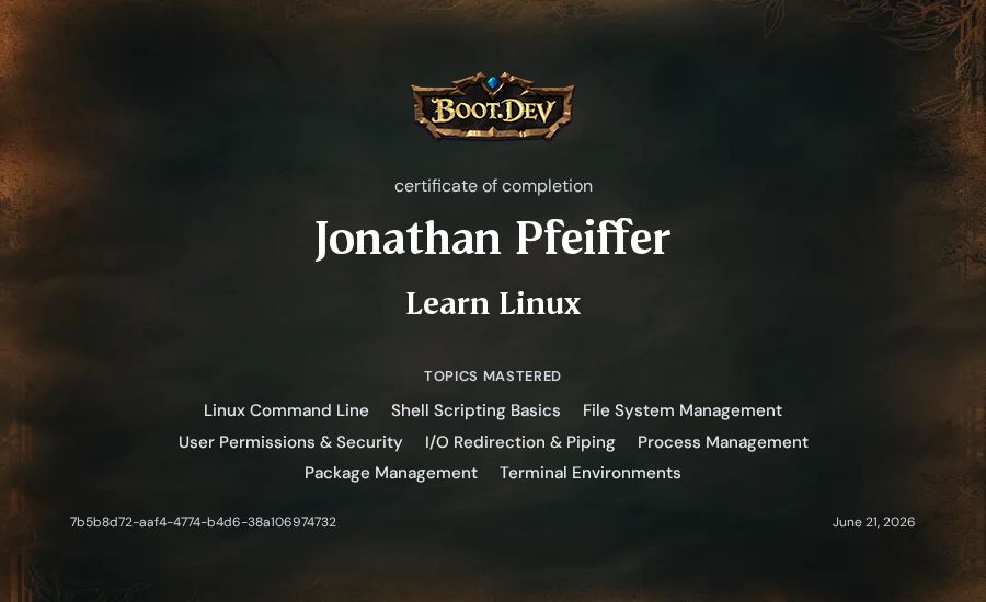 Jonathan Pfeiffer's Boot.dev Learn Linux certificate