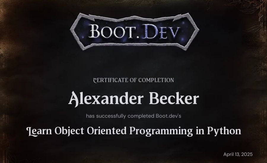 Alexander Becker's Boot.dev Learn Object Oriented Programming in Python certificate