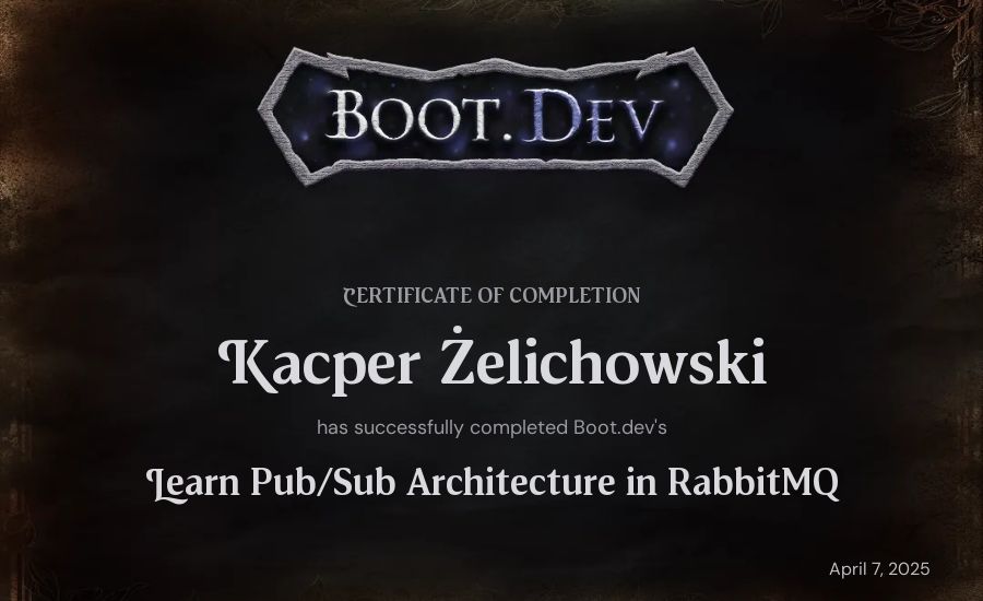 Kacper Żelichowski's Boot.dev Learn Pub/Sub in RabbitMQ and Go certificate