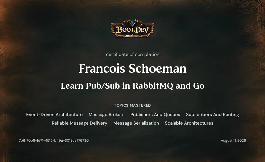 Francois Schoeman's Boot.dev Learn Pub/Sub in RabbitMQ and Go certificate