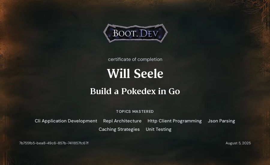 Will Seele's Boot.dev Build a Pokedex in Go certificate