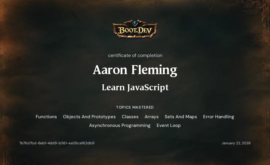 Aaron Fleming's Boot.dev Learn JavaScript certificate