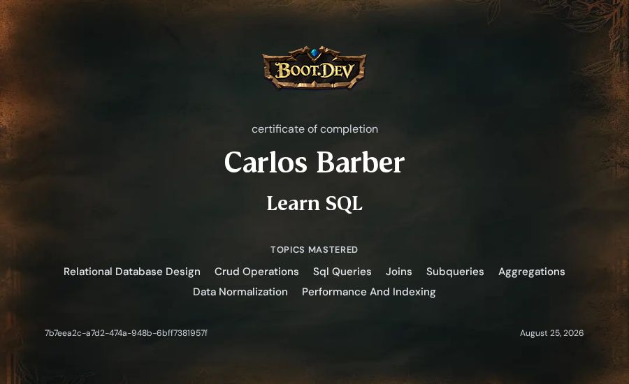 Carlos Barber's Boot.dev Learn SQL certificate