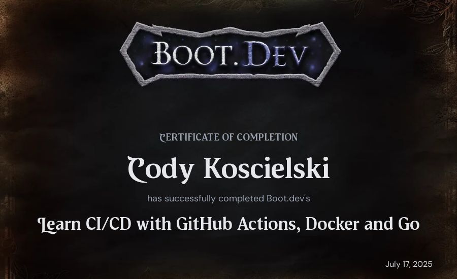 Cody Koscielski's Boot.dev Learn CI/CD with GitHub Actions, Docker and Go certificate