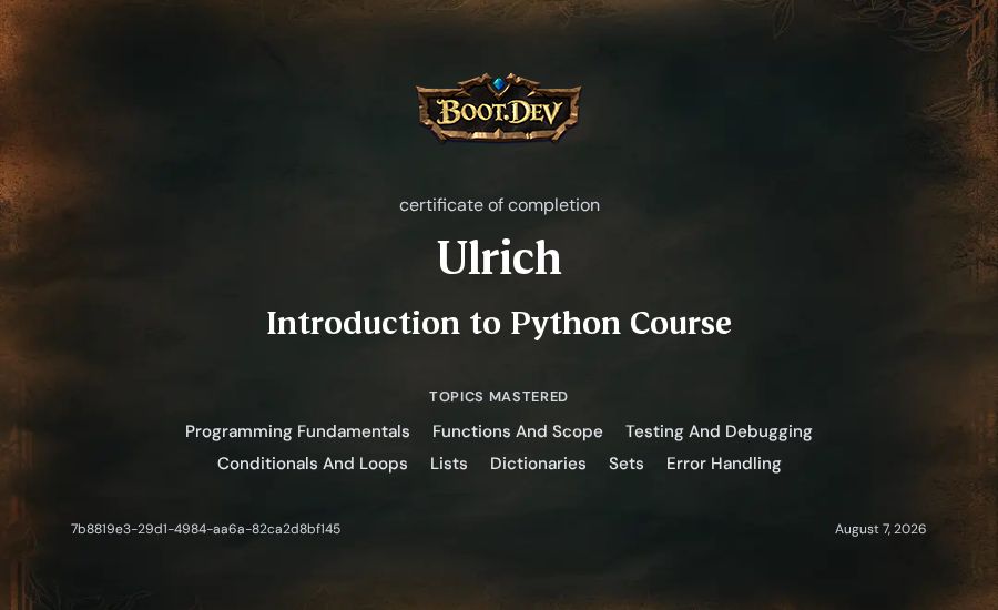 Ulrich's Boot.dev Introduction to Python Course certificate