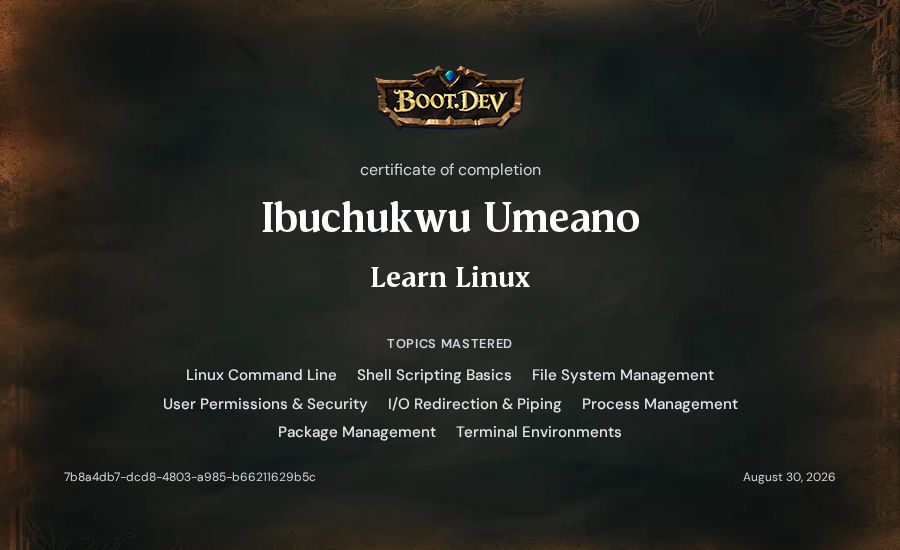 Ibuchukwu Umeano's Boot.dev Learn Linux certificate