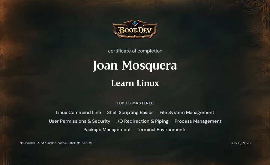 Joan Mosquera's Boot.dev Learn Linux certificate