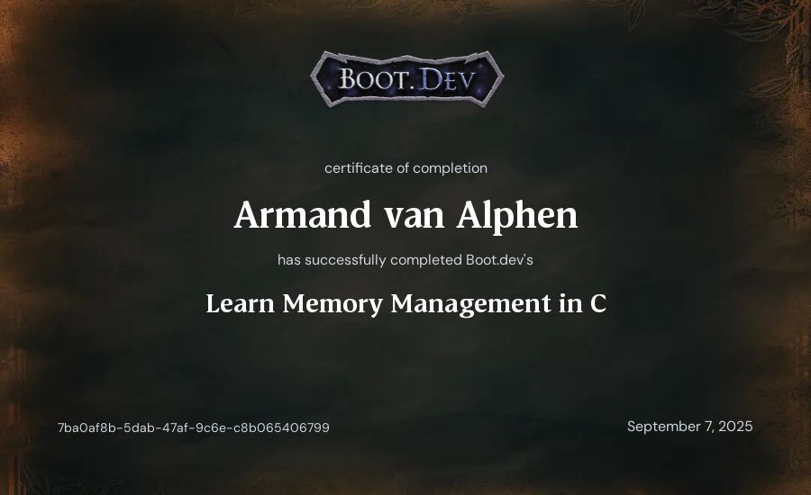 Armand van Alphen's Boot.dev Learn Memory Management in C certificate