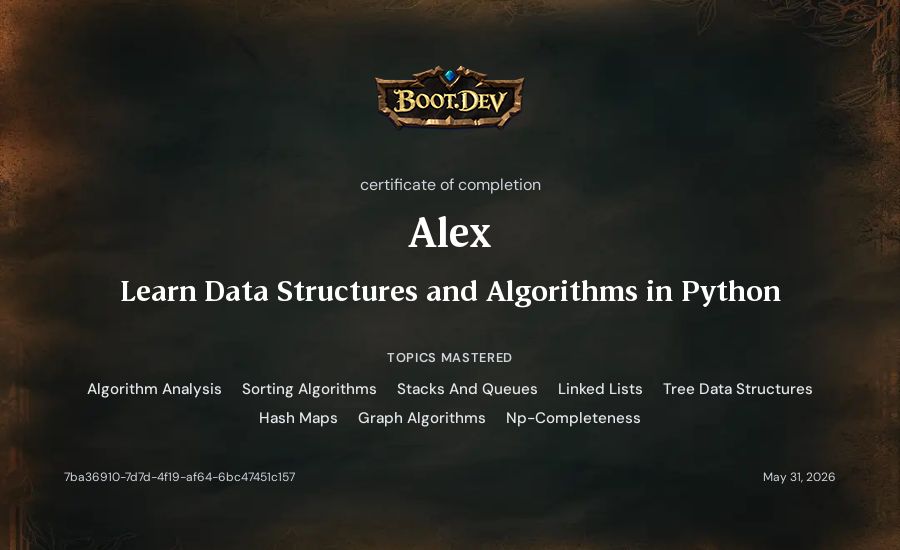 Alex's Boot.dev Learn Data Structures and Algorithms in Python certificate