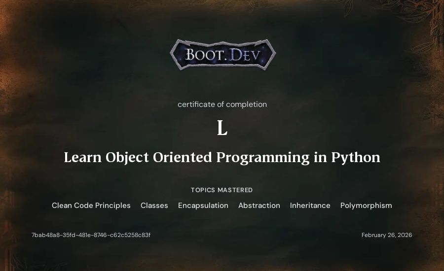 L's Boot.dev Learn Object Oriented Programming in Python certificate