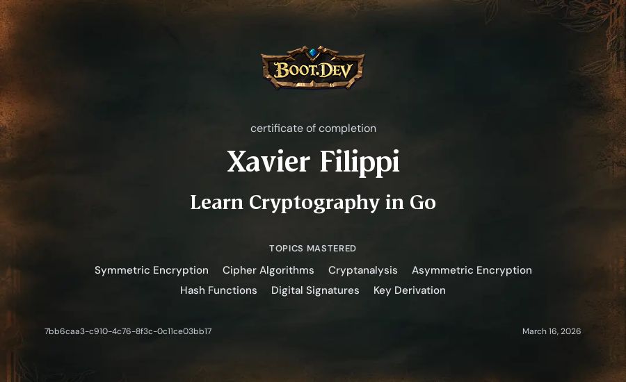 Xavier Filippi's Boot.dev Learn Cryptography in Go certificate