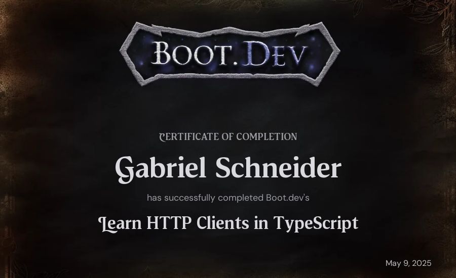 Gabriel Schneider's Boot.dev Learn HTTP Clients in TypeScript certificate