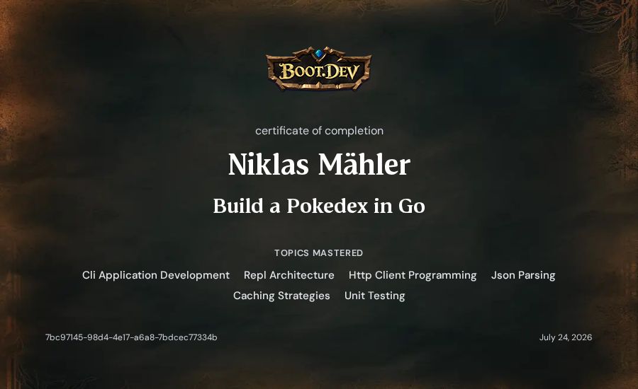 Niklas Mähler's Boot.dev Build a Pokedex in Go certificate