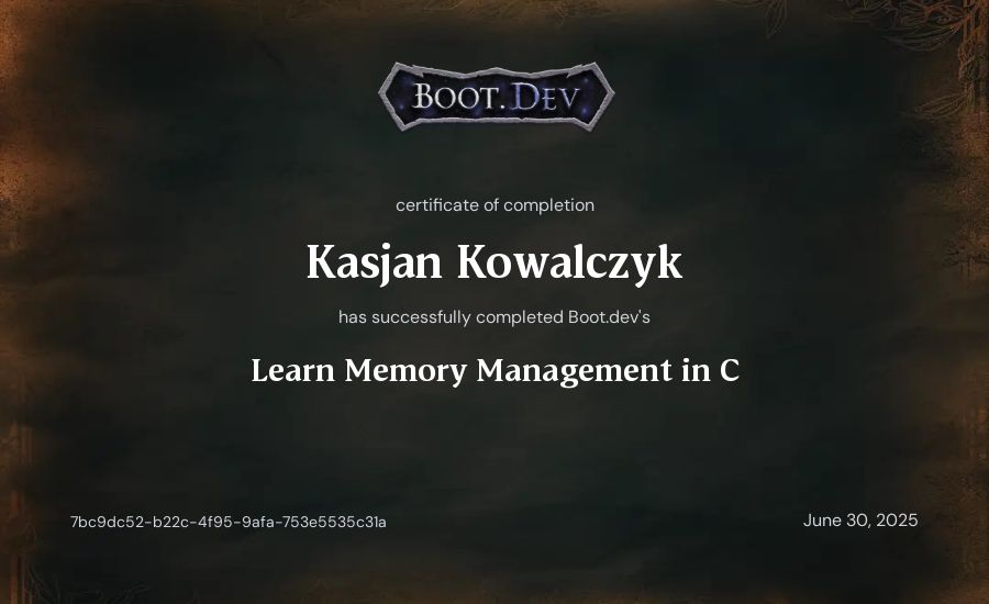 Kasjan Kowalczyk's Boot.dev Learn Memory Management in C certificate