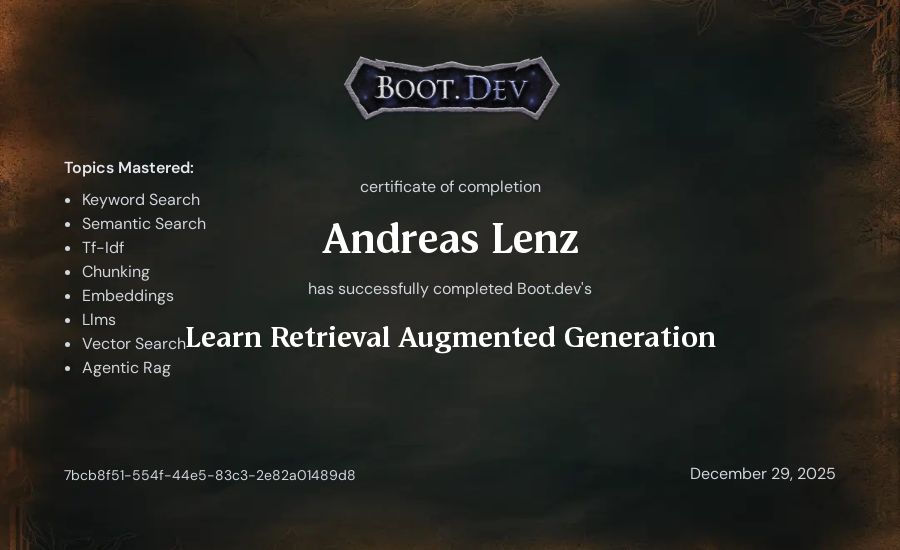 Andreas Lenz's Boot.dev Learn Retrieval Augmented Generation certificate