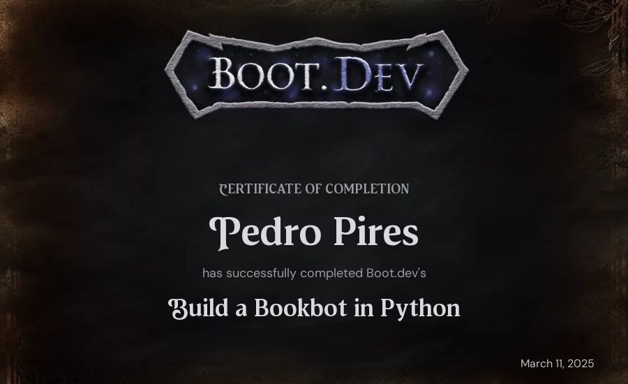 Pedro Pires's Boot.dev Build a BookBot in Python certificate