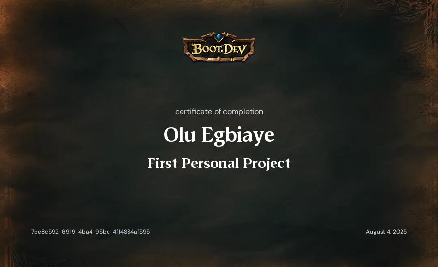 Olu Egbiaye's Boot.dev First Personal Project certificate