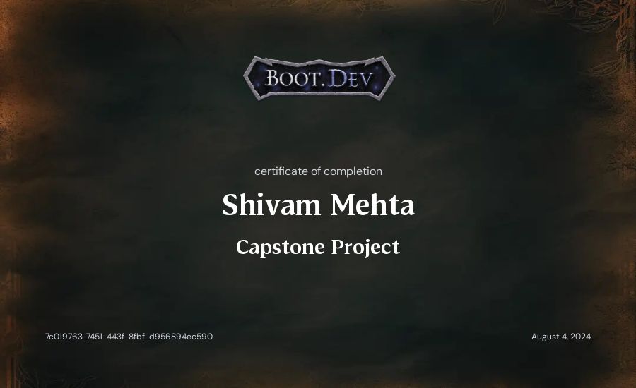 Shivam Mehta's Boot.dev Capstone Project certificate