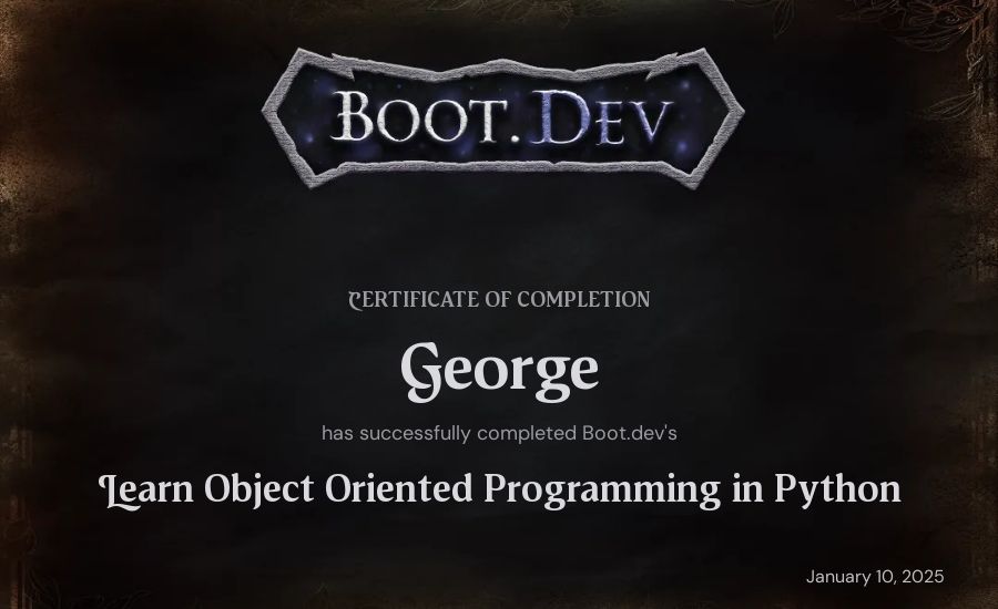 George's Boot.dev Learn Object Oriented Programming in Python certificate