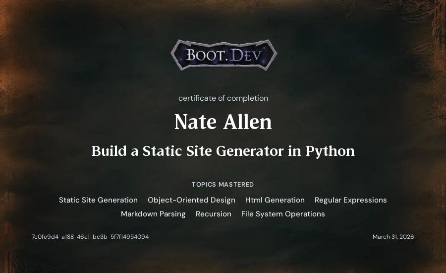 Nate Allen's Boot.dev Build a Static Site Generator in Python certificate