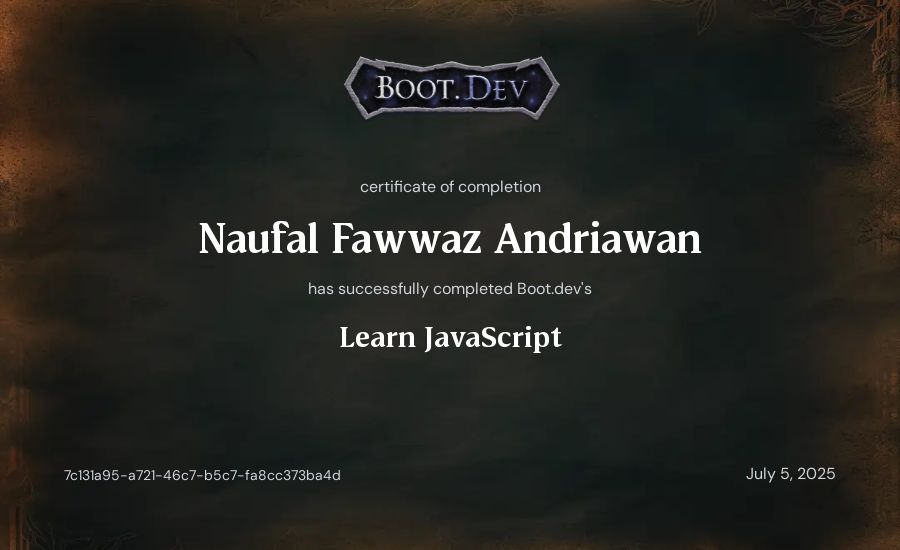 Naufal Fawwaz Andriawan's Boot.dev Learn JavaScript certificate