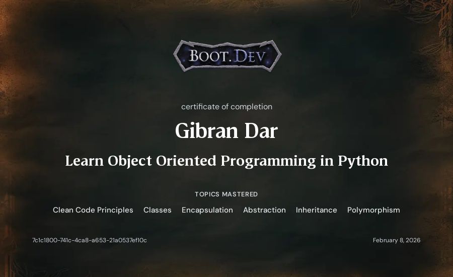 Gibran Dar's Boot.dev Learn Object Oriented Programming in Python certificate