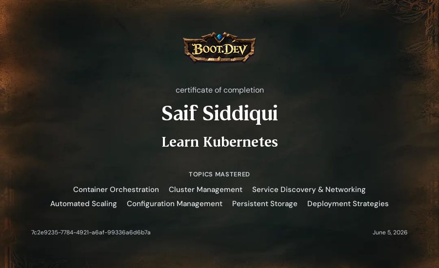 Saif Siddiqui's Boot.dev Learn Kubernetes certificate