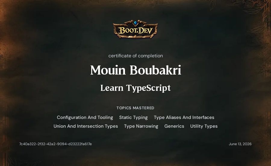Mouin Boubakri's Boot.dev Learn TypeScript certificate
