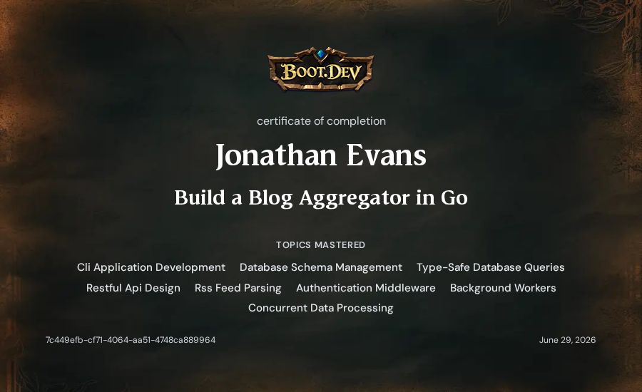 Jonathan Evans's Boot.dev Build a Blog Aggregator in Go certificate