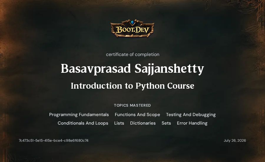 Basavprasad Sajjanshetty's Boot.dev Introduction to Python Course certificate