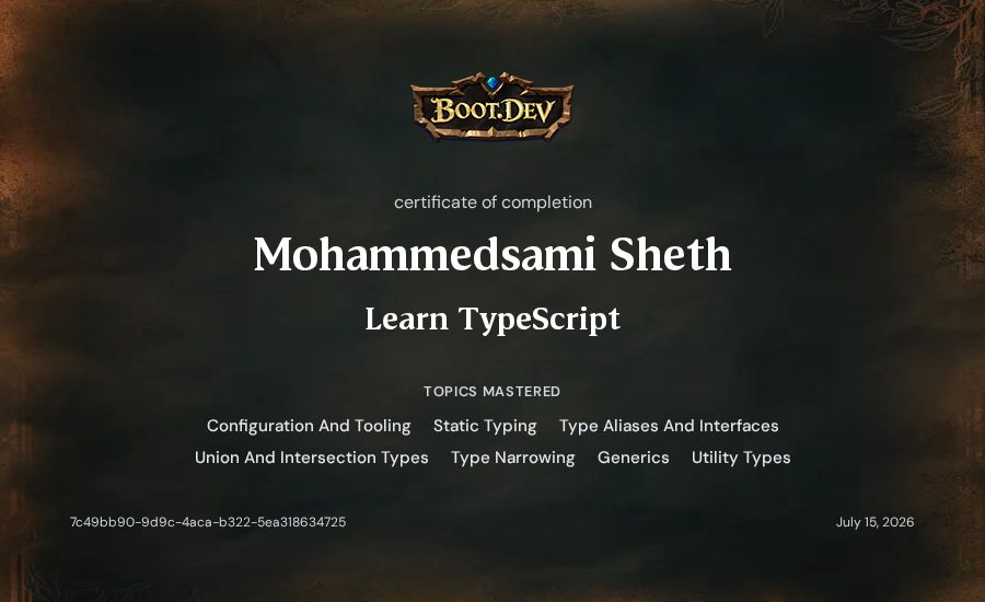 Mohammedsami Sheth's Boot.dev Learn TypeScript certificate